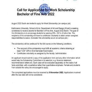 Call for Application for Work Scholarship Bachelor of Fine Arts 2022